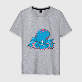 Мужская футболка хлопок с принтом Весёлый осьминог в Петрозаводске, 100% хлопок | прямой крой, круглый вырез горловины, длина до линии бедер, слегка спущенное плечо. | Тематика изображения на принте: ocean | octopus | sea | животные | клад | моллюск | море | океан | омар | осьминог | пират | рыба | сокровища | спрут | сундук | щупальца