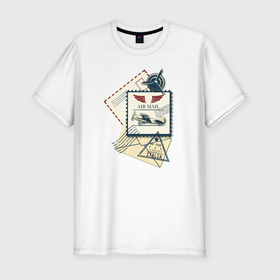 Мужская футболка хлопок Slim с принтом авиапочта в Белгороде, 92% хлопок, 8% лайкра | приталенный силуэт, круглый вырез ворота, длина до линии бедра, короткий рукав | авиапочта | винтаж | етикетка | конверт | отметка границы | письмо | послание | почта | самолёт | старое почтовое письмо | чернила | штамп | этикекетка