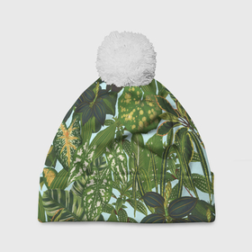 Шапка 3D c помпоном с принтом Зеленые Тропические Растения в Санкт-Петербурге, 100% полиэстер | универсальный размер, печать по всей поверхности изделия | Тематика изображения на принте: flowers | букет | природа | растение | флора | цветы