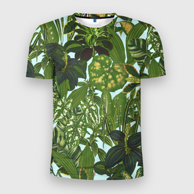 Мужская футболка 3D Slim с принтом Зеленые Тропические Растения в Курске, 100% полиэстер с улучшенными характеристиками | приталенный силуэт, круглая горловина, широкие плечи, сужается к линии бедра | flowers | букет | природа | растение | флора | цветы
