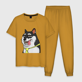 Мужская пижама хлопок с принтом NFT DOGE stuck out his tongue в Тюмени, 100% хлопок | брюки и футболка прямого кроя, без карманов, на брюках мягкая резинка на поясе и по низу штанин
 | art | dog | doge | doggie | doggy | drawing | meme | nft | арт | мем | нфт | пес | песик | рисунок | собака | собачка