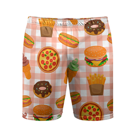 Мужские шорты спортивные с принтом PIZZA DONUT BURGER FRIES ICE CREAM pattern в Тюмени,  |  | бургер | мороженое | пицца | пончик | текстура | фон | фри
