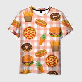 Мужская футболка 3D с принтом PIZZA DONUT BURGER FRIES ICE CREAM pattern в Курске, 100% полиэфир | прямой крой, круглый вырез горловины, длина до линии бедер | бургер | мороженое | пицца | пончик | текстура | фон | фри
