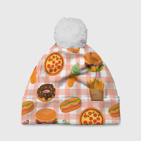 Шапка 3D c помпоном с принтом PIZZA DONUT BURGER FRIES ICE CREAM pattern в Санкт-Петербурге, 100% полиэстер | универсальный размер, печать по всей поверхности изделия | бургер | мороженое | пицца | пончик | текстура | фон | фри