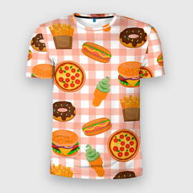 Мужская футболка 3D Slim с принтом PIZZA DONUT BURGER FRIES ICE CREAM pattern в Санкт-Петербурге, 100% полиэстер с улучшенными характеристиками | приталенный силуэт, круглая горловина, широкие плечи, сужается к линии бедра | бургер | мороженое | пицца | пончик | текстура | фон | фри