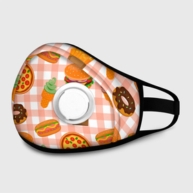 Маска из неопрена с принтом PIZZA DONUT BURGER FRIES ICE CREAM pattern в городе Новоалтайск, неопрен 100% | Форма огибающая нос. Резинки для ушей с дополнительной резинкой на затылке. Клапан для выдоха для активного дыхания при занятиях спортом. Эластичный материал маски и окантовки для лучшего растяжения и прилегания маски.  | Тематика изображения на принте: бургер | мороженое | пицца | пончик | текстура | фон | фри