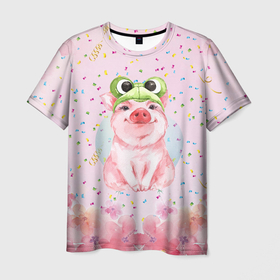 Мужская футболка 3D с принтом Милый  поросенок в шапке лягушке , 100% полиэфир | прямой крой, круглый вырез горловины, длина до линии бедер | лягушка | милый | милый поросенок | поросенок | свин | свинка | свинья