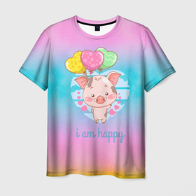 Мужская футболка 3D с принтом iam happy  поросенок в Тюмени, 100% полиэфир | прямой крой, круглый вырез горловины, длина до линии бедер | Тематика изображения на принте: iam happy | поросенок | свинка | свинья | счастлив | счастливая | счастье