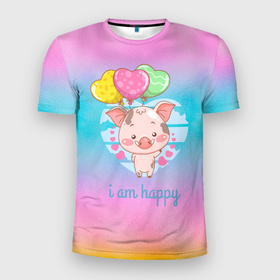 Мужская футболка 3D Slim с принтом iam happy  поросенок в Тюмени, 100% полиэстер с улучшенными характеристиками | приталенный силуэт, круглая горловина, широкие плечи, сужается к линии бедра | Тематика изображения на принте: iam happy | поросенок | свинка | свинья | счастлив | счастливая | счастье