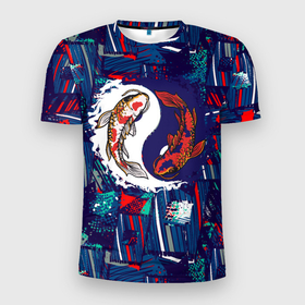 Мужская футболка 3D Slim с принтом Рыбки Инь и  ян , 100% полиэстер с улучшенными характеристиками | приталенный силуэт, круглая горловина, широкие плечи, сужается к линии бедра | Тематика изображения на принте: инь и ян | инь и янь | рыба | рыбки | япония | японские