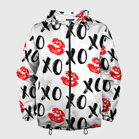 Мужская ветровка 3D с принтом ПОЦЕЛУЙЧИКИ ХОХО в Екатеринбурге, 100% полиэстер | подол и капюшон оформлены резинкой с фиксаторами, два кармана без застежек по бокам, один потайной карман на груди | валентинки | губы | забавный | красный | любовь | макияж | милый | модный | помада | популярный | поцелуй | романтичный | сладкий | черный