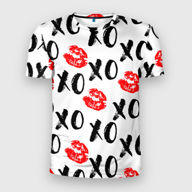 Мужская футболка 3D Slim с принтом ПОЦЕЛУЙЧИКИ ХОХО в Белгороде, 100% полиэстер с улучшенными характеристиками | приталенный силуэт, круглая горловина, широкие плечи, сужается к линии бедра | валентинки | губы | забавный | красный | любовь | макияж | милый | модный | помада | популярный | поцелуй | романтичный | сладкий | черный
