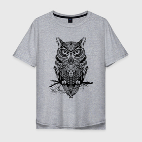 Мужская футболка хлопок Oversize с принтом Черная сова в узорах в Новосибирске, 100% хлопок | свободный крой, круглый ворот, “спинка” длиннее передней части | owl | див | дива | диво | птица | птичка | сова | совка | совушка | совы | сыч | филин