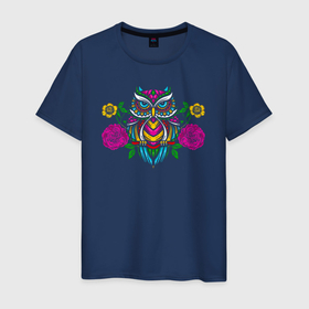 Мужская футболка хлопок с принтом Красочная цветочная сова в Новосибирске, 100% хлопок | прямой крой, круглый вырез горловины, длина до линии бедер, слегка спущенное плечо. | owl | див | дива | диво | птица | птичка | сова | совка | совушка | совы | сыч | филин | цветы