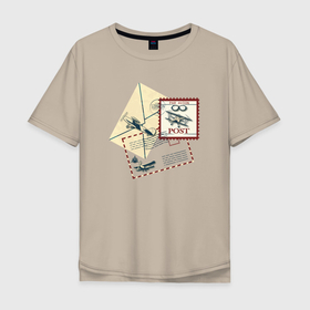 Мужская футболка хлопок Oversize с принтом старая марка с самолётом в Санкт-Петербурге, 100% хлопок | свободный крой, круглый ворот, “спинка” длиннее передней части | авиапочта | винтаж | марка | почтовая марка | самолёт | старое письмо | штамп | штемпель