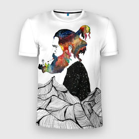 Мужская футболка 3D Slim с принтом Mystery man в Белгороде, 100% полиэстер с улучшенными характеристиками | приталенный силуэт, круглая горловина, широкие плечи, сужается к линии бедра | абстракция | геометрия | краски | линии | фэнтези