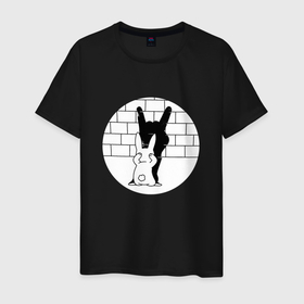Мужская футболка хлопок с принтом Зайчик и его Тень | Rabbit Shadow в Санкт-Петербурге, 100% хлопок | прямой крой, круглый вырез горловины, длина до линии бедер, слегка спущенное плечо. | bunny | hare | puss | rabbits | банни | в свете прожектора | кирпичная стена | кривляется | кролик | солнечный зайчик | театр теней