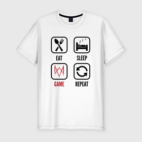 Мужская футболка хлопок Slim с принтом Eat   Sleep   Watch Dogs   Repeat в Новосибирске, 92% хлопок, 8% лайкра | приталенный силуэт, круглый вырез ворота, длина до линии бедра, короткий рукав | dogs | eat sleep repeat | logo | watch | watch dogs | вотч | догс | игра | игры | лого | логотип | символ