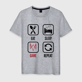 Мужская футболка хлопок с принтом Eat   Sleep   Watch Dogs   Repeat , 100% хлопок | прямой крой, круглый вырез горловины, длина до линии бедер, слегка спущенное плечо. | dogs | eat sleep repeat | logo | watch | watch dogs | вотч | догс | игра | игры | лого | логотип | символ