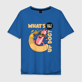 Мужская футболка хлопок Oversize с принтом Whats up dog в Петрозаводске, 100% хлопок | свободный крой, круглый ворот, “спинка” длиннее передней части | в очках | горячая собака | еда | повар | псина | сосиска | стритфуд | сутулая | фастфуд | хот дог