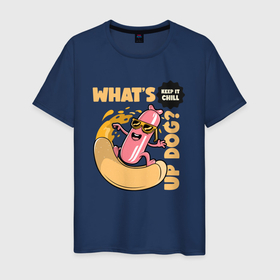 Мужская футболка хлопок с принтом Whats up dog в Екатеринбурге, 100% хлопок | прямой крой, круглый вырез горловины, длина до линии бедер, слегка спущенное плечо. | в очках | горячая собака | еда | повар | псина | сосиска | стритфуд | сутулая | фастфуд | хот дог