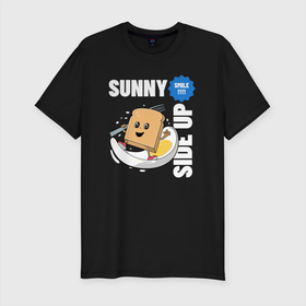Мужская футболка хлопок Slim с принтом Sunny side up в Петрозаводске, 92% хлопок, 8% лайкра | приталенный силуэт, круглый вырез ворота, длина до линии бедра, короткий рукав | smile | еда | желток | завтрак | повар | позитив | утро | яичница