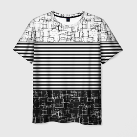 Мужская футболка 3D с принтом Черно белый комбинированный абстрактный с полосатым узором дизайн , 100% полиэфир | прямой крой, круглый вырез горловины, длина до линии бедер | Тематика изображения на принте: abstract | black and white | combined | абстрактный узор | современный | черно белый
