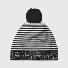 Шапка 3D c помпоном с принтом Черно белый комбинированный абстрактный с полосатым узором дизайн в Санкт-Петербурге, 100% полиэстер | универсальный размер, печать по всей поверхности изделия | abstract | black and white | combined | абстрактный узор | современный | черно белый