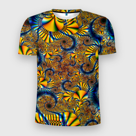 Мужская футболка 3D Slim с принтом FRACTAL COLOR PATTERN в Екатеринбурге, 100% полиэстер с улучшенными характеристиками | приталенный силуэт, круглая горловина, широкие плечи, сужается к линии бедра | желтый | обои | синий | узор | фрактал | цветной