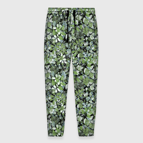 Мужские брюки 3D с принтом Летний лесной камуфляж в зеленых тонах , 100% полиэстер | манжеты по низу, эластичный пояс регулируется шнурком, по бокам два кармана без застежек, внутренняя часть кармана из мелкой сетки | Тематика изображения на принте: camouflage | зеленый | камуфляж | листья | милитари | растения