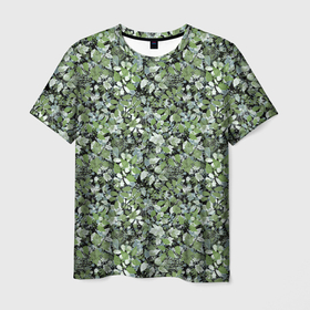 Мужская футболка 3D с принтом Летний лесной камуфляж в зеленых тонах в Белгороде, 100% полиэфир | прямой крой, круглый вырез горловины, длина до линии бедер | Тематика изображения на принте: camouflage | зеленый | камуфляж | листья | милитари | растения