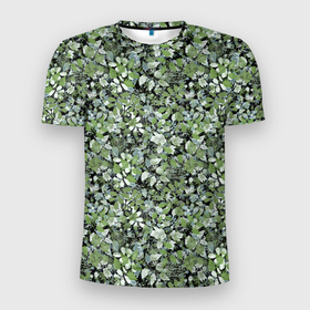 Мужская футболка 3D Slim с принтом Летний лесной камуфляж в зеленых тонах в Новосибирске, 100% полиэстер с улучшенными характеристиками | приталенный силуэт, круглая горловина, широкие плечи, сужается к линии бедра | camouflage | зеленый | камуфляж | листья | милитари | растения