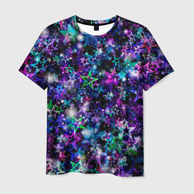 Мужская футболка 3D с принтом ЦВЕТНОЙ ЗВЕЗДОПАД в Белгороде, 100% полиэфир | прямой крой, круглый вырез горловины, длина до линии бедер | абстракция | желтый | звезды | космос | красиво | милый | минимализм | текстура | узор | фиолетовый | фон | цвета