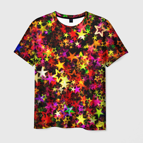 Мужская футболка 3D с принтом РАЗНОЦВЕТНЫЙ ЗВЕЗДОПАД в Санкт-Петербурге, 100% полиэфир | прямой крой, круглый вырез горловины, длина до линии бедер | абстракция | желтый | звезды | космос | милый | минимализм | текстура | узор | фиолетовый | фон | цвета