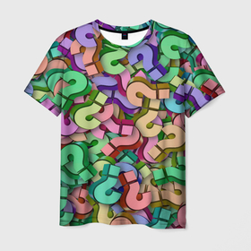 Мужская футболка 3D с принтом ВОПРОСИТЕЛЬНЫЕ в Санкт-Петербурге, 100% полиэфир | прямой крой, круглый вырез горловины, длина до линии бедер | абстракция | вопрос | желтый | загадка | зеленый | знак | игра | оптические иллюзии | цветные