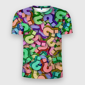 Мужская футболка 3D Slim с принтом ВОПРОСИТЕЛЬНЫЕ в Петрозаводске, 100% полиэстер с улучшенными характеристиками | приталенный силуэт, круглая горловина, широкие плечи, сужается к линии бедра | абстракция | вопрос | желтый | загадка | зеленый | знак | игра | оптические иллюзии | цветные