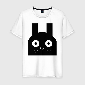 Мужская футболка хлопок с принтом Напуганный кролик в Тюмени, 100% хлопок | прямой крой, круглый вырез горловины, длина до линии бедер, слегка спущенное плечо. | глаза | животное | заяц | кролик | минималистичный | напуган | простой | силуэт | черный