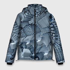 Мужская зимняя куртка 3D с принтом GEOMETRIC FRACTAL CUBES в Екатеринбурге, верх — 100% полиэстер; подкладка — 100% полиэстер; утеплитель — 100% полиэстер | длина ниже бедра, свободный силуэт Оверсайз. Есть воротник-стойка, отстегивающийся капюшон и ветрозащитная планка. 

Боковые карманы с листочкой на кнопках и внутренний карман на молнии. | Тематика изображения на принте: абстрактный | геометрический | красочные | кубы | пространство | синий | узор | фрактальный | цвет | энергия