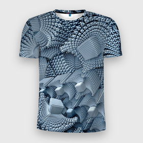 Мужская футболка 3D Slim с принтом GEOMETRIC FRACTAL CUBES в Новосибирске, 100% полиэстер с улучшенными характеристиками | приталенный силуэт, круглая горловина, широкие плечи, сужается к линии бедра | Тематика изображения на принте: абстрактный | геометрический | красочные | кубы | пространство | синий | узор | фрактальный | цвет | энергия