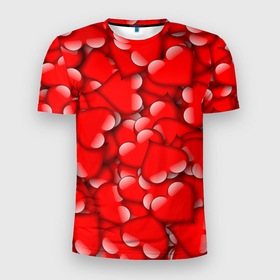 Мужская футболка 3D Slim с принтом LOVING HEARTS в Санкт-Петербурге, 100% полиэстер с улучшенными характеристиками | приталенный силуэт, круглая горловина, широкие плечи, сужается к линии бедра | весна | красный | любовь | милый | очаровательный | сердечки | счастливый | эстетичный