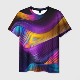 Мужская футболка 3D с принтом Абстрактная волновая композиция   Неоновые полосы   Abstract Wave Composition   Neon Stripes , 100% полиэфир | прямой крой, круглый вырез горловины, длина до линии бедер | abstraction | color | composition | fashion | neon | streaks | wave | абстракция | волна | композиция | мода | неон | полосы | цвет