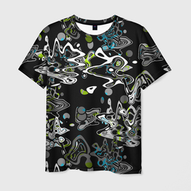 Мужская футболка 3D с принтом Черно белый с синими вкраплениями абстрактный узор в Петрозаводске, 100% полиэфир | прямой крой, круглый вырез горловины, длина до линии бедер | абстрактный | мазня | современный | узор | черный