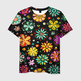 Мужская футболка 3D с принтом MULTICOLORED FLOWERS в Санкт-Петербурге, 100% полиэфир | прямой крой, круглый вырез горловины, длина до линии бедер | Тематика изображения на принте: акварель | декоративные | желтый | зеленый | красивая | красный | красочные | разноцветные | розовый | синий | текстура | фиолетовый | цвета | цветной | цветочные | яркий