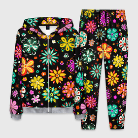 Мужской костюм 3D с принтом MULTICOLORED FLOWERS , 100% полиэстер | Манжеты и пояс оформлены тканевой резинкой, двухслойный капюшон со шнурком для регулировки, карманы спереди | акварель | декоративные | желтый | зеленый | красивая | красный | красочные | разноцветные | розовый | синий | текстура | фиолетовый | цвета | цветной | цветочные | яркий