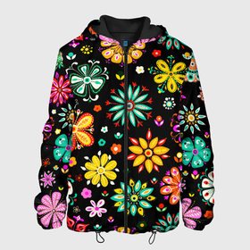 Мужская куртка 3D с принтом MULTICOLORED FLOWERS в Новосибирске, ткань верха — 100% полиэстер, подклад — флис | прямой крой, подол и капюшон оформлены резинкой с фиксаторами, два кармана без застежек по бокам, один большой потайной карман на груди. Карман на груди застегивается на липучку | акварель | декоративные | желтый | зеленый | красивая | красный | красочные | разноцветные | розовый | синий | текстура | фиолетовый | цвета | цветной | цветочные | яркий