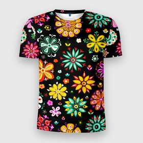 Мужская футболка 3D Slim с принтом MULTICOLORED FLOWERS в Курске, 100% полиэстер с улучшенными характеристиками | приталенный силуэт, круглая горловина, широкие плечи, сужается к линии бедра | акварель | декоративные | желтый | зеленый | красивая | красный | красочные | разноцветные | розовый | синий | текстура | фиолетовый | цвета | цветной | цветочные | яркий