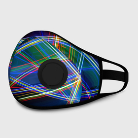 Маска из неопрена с принтом Разноцветные неоновые линии   Абстракция   Multicolored neon lines   Abstraction в Новосибирске, неопрен 100% | Форма огибающая нос. Резинки для ушей с дополнительной резинкой на затылке. Клапан для выдоха для активного дыхания при занятиях спортом. Эластичный материал маски и окантовки для лучшего растяжения и прилегания маски.  | Тематика изображения на принте: abstraction | color | composition | line | neon | абстракция | композиция | линия | неон | цвет