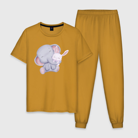 Мужская пижама хлопок с принтом Милый Слонёнок и Крольчонок Обнимаются в Новосибирске, 100% хлопок | брюки и футболка прямого кроя, без карманов, на брюках мягкая резинка на поясе и по низу штанин
 | animals | beast | cute | hare | rabbit | животные | заяц | звери | кролик | крольчонок | милый | слон | слонёнок