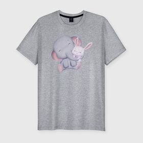 Мужская футболка хлопок Slim с принтом Милый Слонёнок и Крольчонок Обнимаются в Петрозаводске, 92% хлопок, 8% лайкра | приталенный силуэт, круглый вырез ворота, длина до линии бедра, короткий рукав | animals | beast | cute | hare | rabbit | животные | заяц | звери | кролик | крольчонок | милый | слон | слонёнок