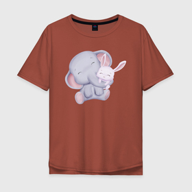 Мужская футболка хлопок Oversize с принтом Милый Слонёнок и Крольчонок Обнимаются в Белгороде, 100% хлопок | свободный крой, круглый ворот, “спинка” длиннее передней части | animals | beast | cute | hare | rabbit | животные | заяц | звери | кролик | крольчонок | милый | слон | слонёнок